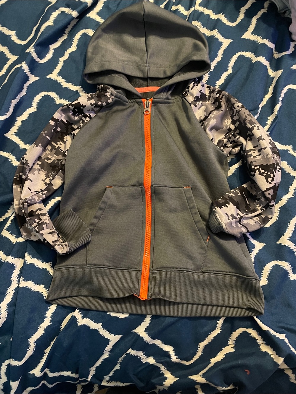 Kids Hooded Zip Jacket with Digital Camo Sleeves - Gray & Orange